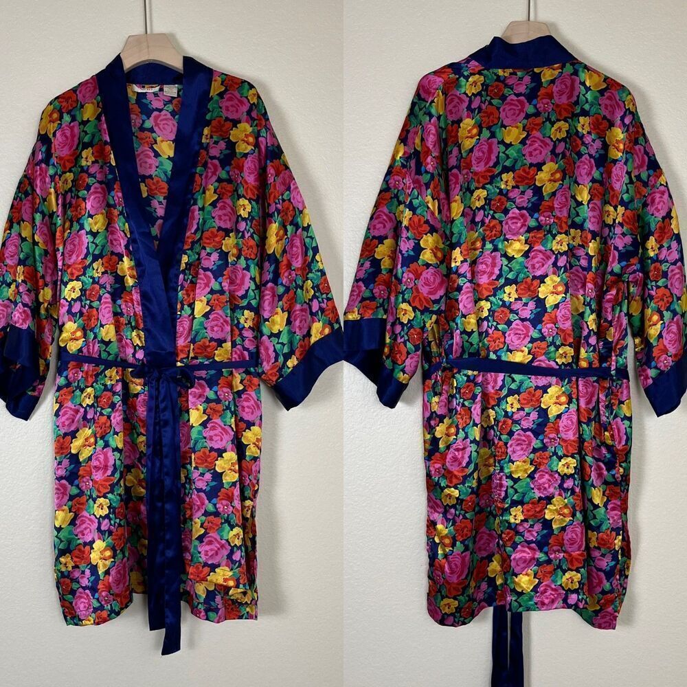 Vintage Victoria's Secret Gold Label Women Floral Satin Short Robe Sleepwear 90s